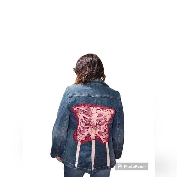 CK Jean Jacket redesigned with velvet accents & skeleton ribcage/flower patch - Picture 2 of 6